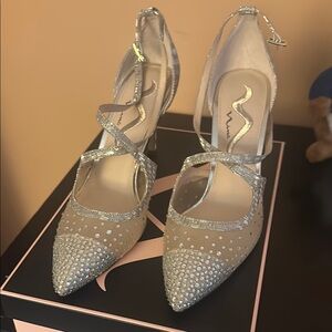 Nina Silver Stiletto Heels with Ankle Straps